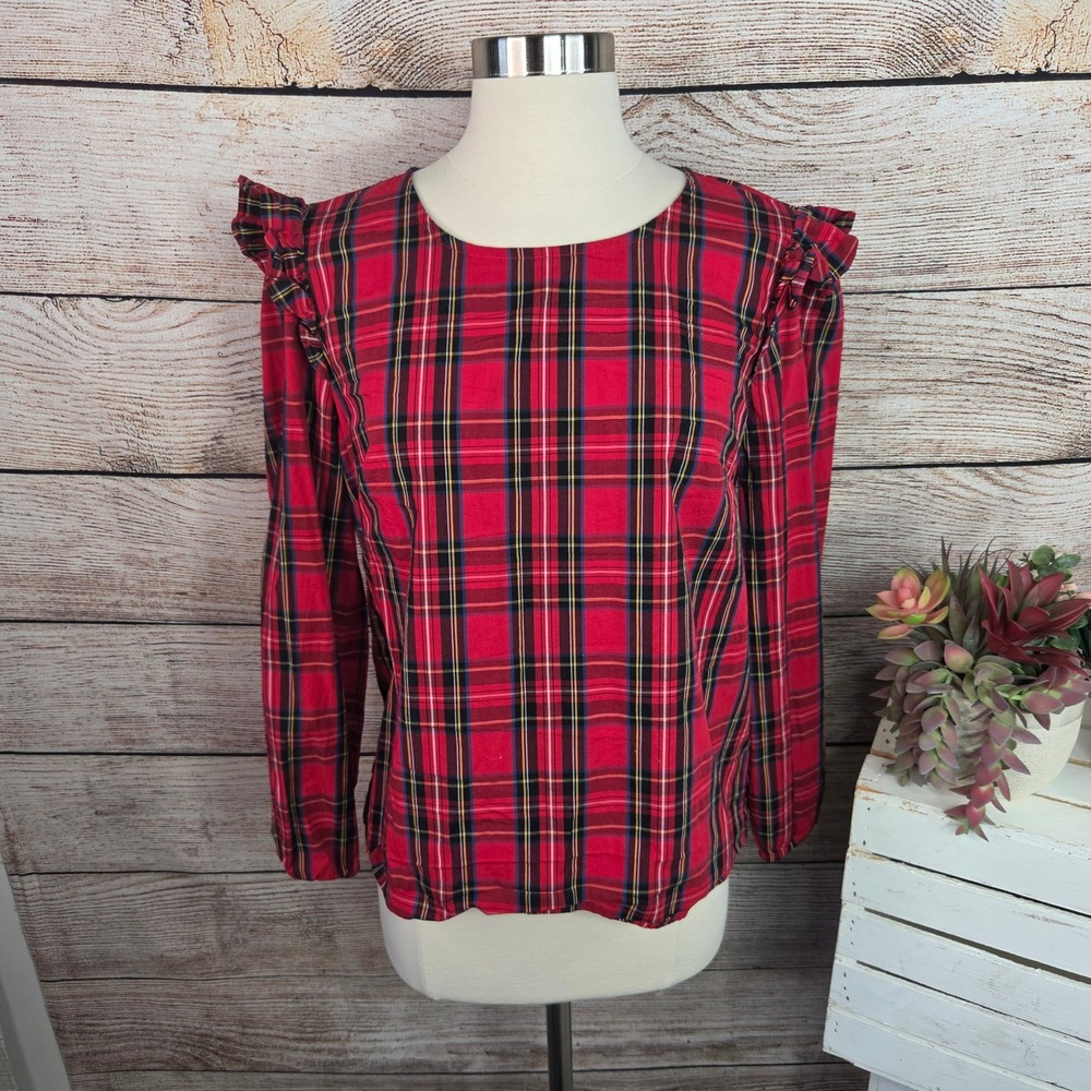 J Crew Red Tartan Plaid Ruffle Shoulder Blouse Top Womens Medium Holiday Festive